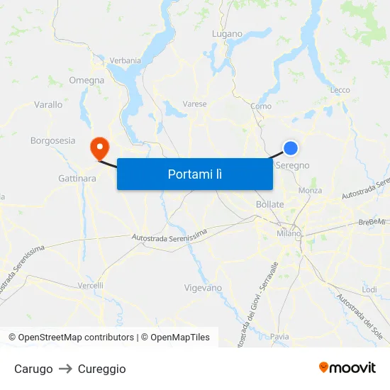 Carugo to Cureggio map