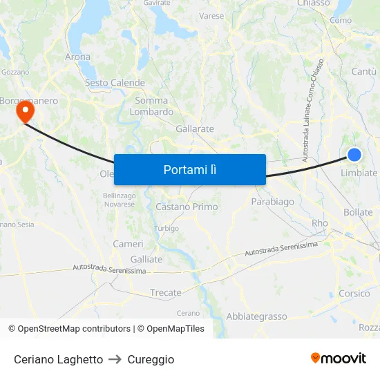 Ceriano Laghetto to Cureggio map