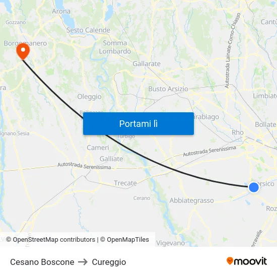 Cesano Boscone to Cureggio map