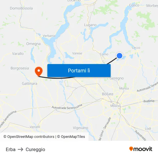 Erba to Cureggio map