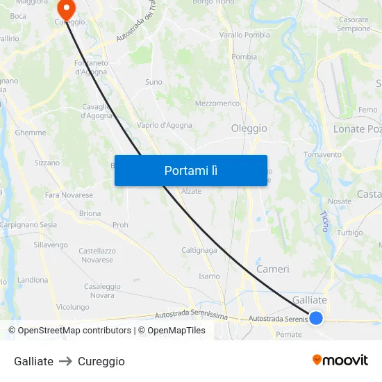 Galliate to Cureggio map