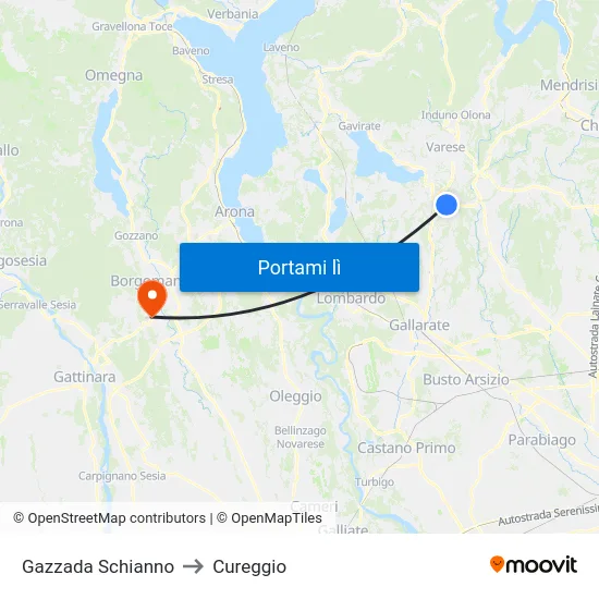 Gazzada Schianno to Cureggio map