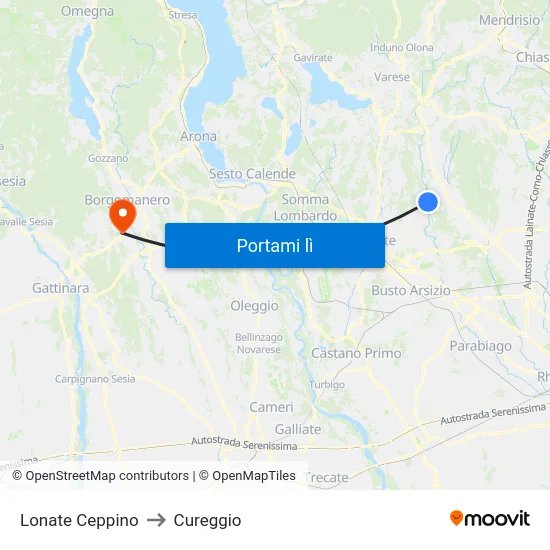 Lonate Ceppino to Cureggio map