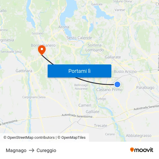 Magnago to Cureggio map