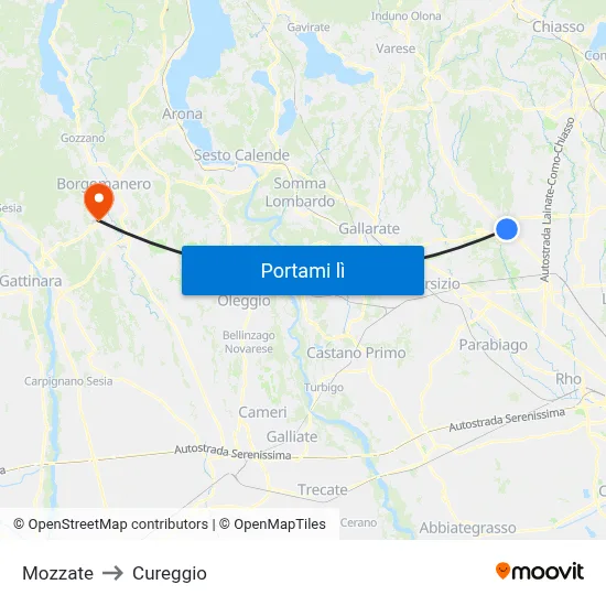 Mozzate to Cureggio map