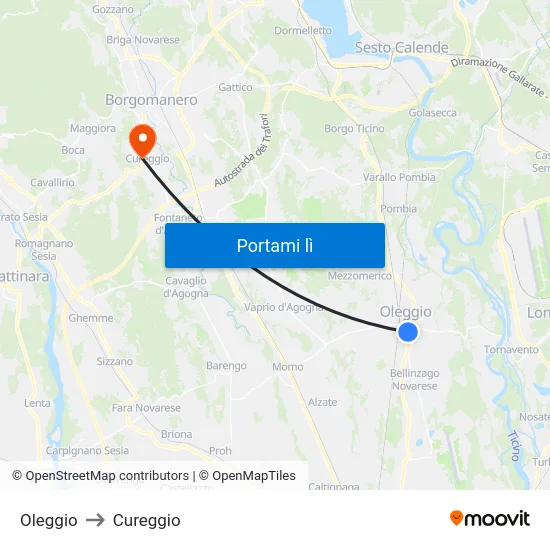 Oleggio to Cureggio map