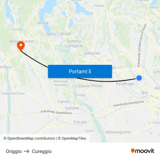 Origgio to Cureggio map
