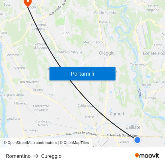 Romentino to Cureggio map