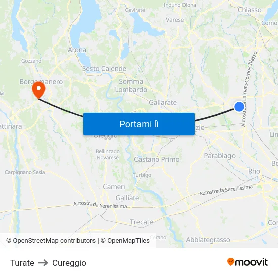 Turate to Cureggio map