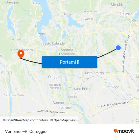 Veniano to Cureggio map