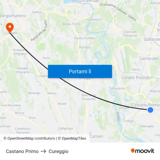 Castano Primo to Cureggio map