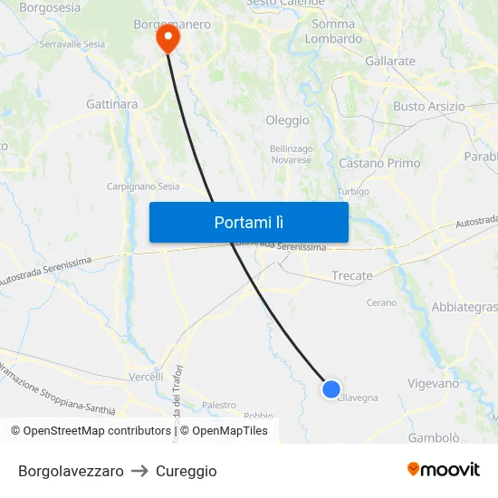 Borgolavezzaro to Cureggio map