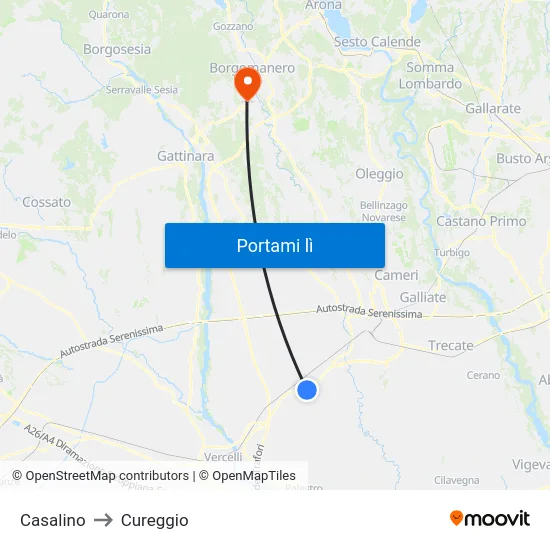 Casalino to Cureggio map