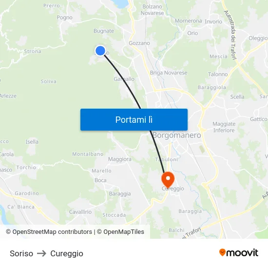 Soriso to Cureggio map