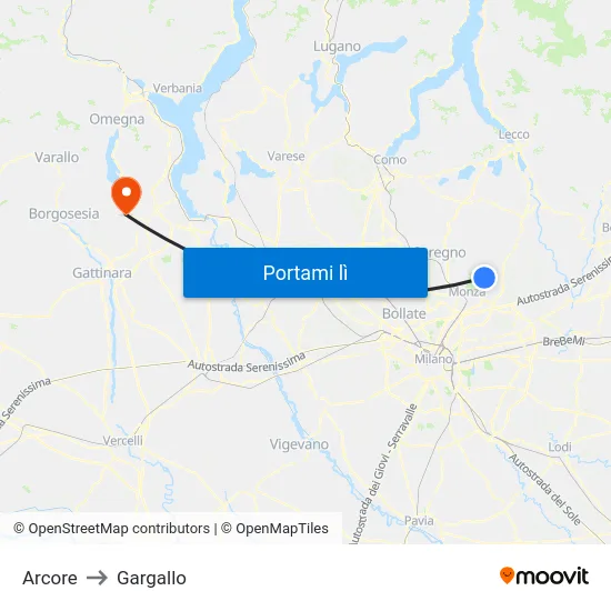 Arcore to Gargallo map