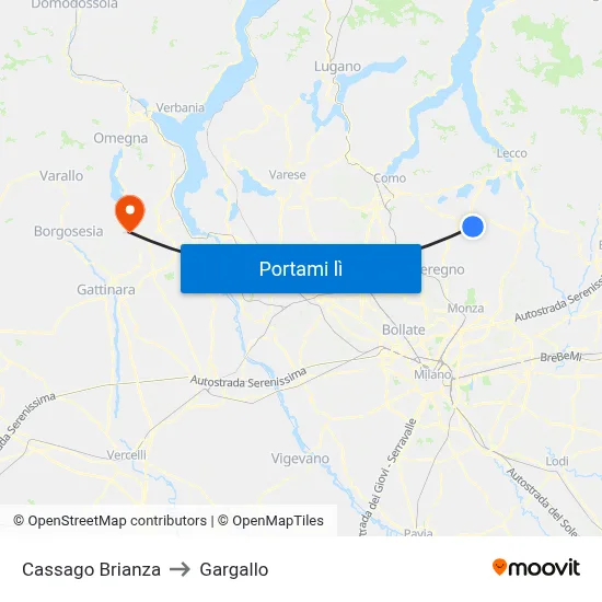 Cassago Brianza to Gargallo map