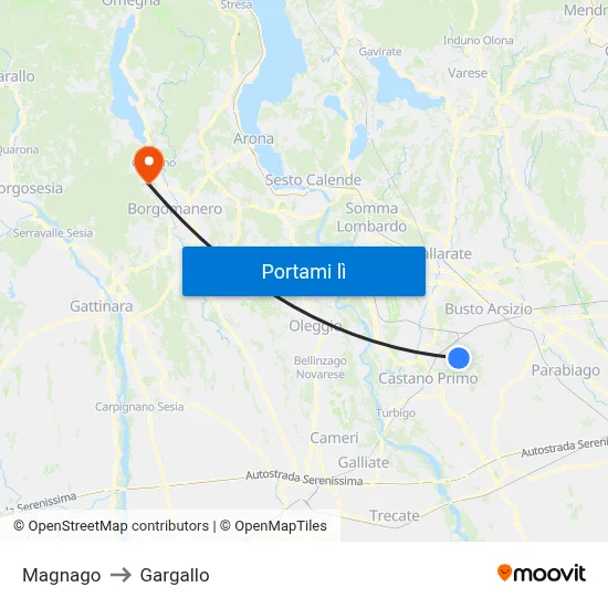 Magnago to Gargallo map