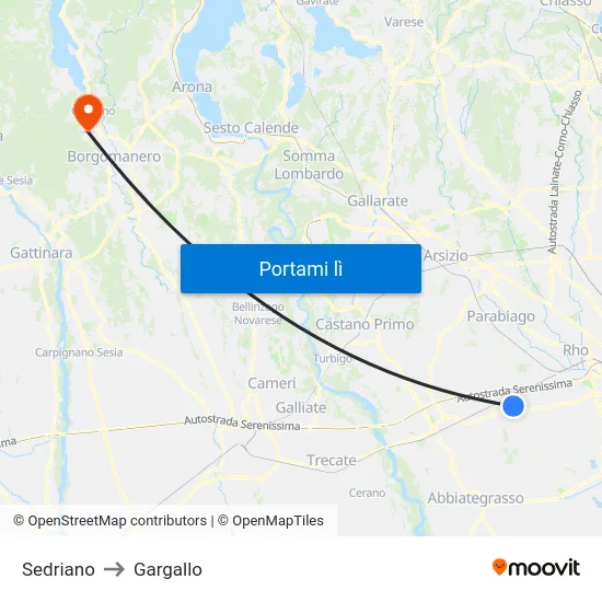 Sedriano to Gargallo map