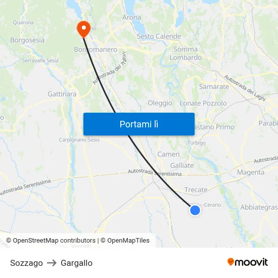 Sozzago to Gargallo map