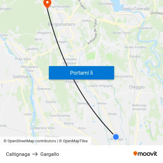 Caltignaga to Gargallo map