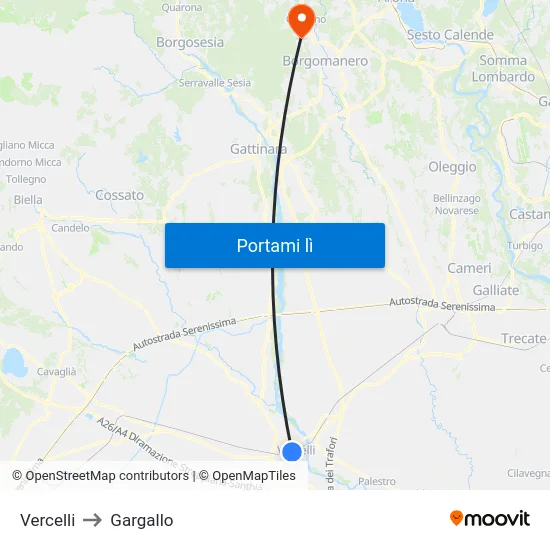 Vercelli to Gargallo map