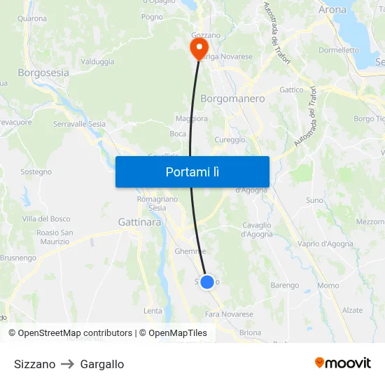 Sizzano to Gargallo map