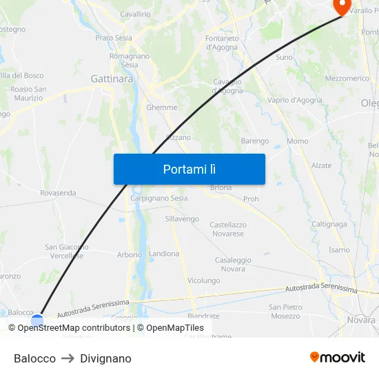 Balocco to Divignano map