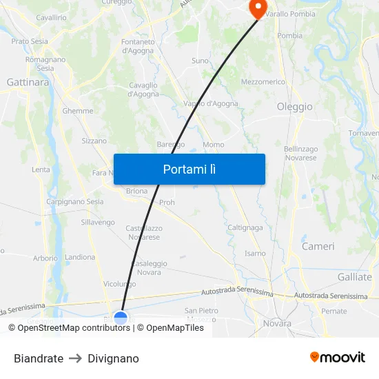 Biandrate to Divignano map