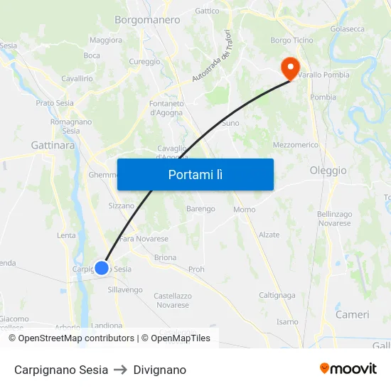 Carpignano Sesia to Divignano map