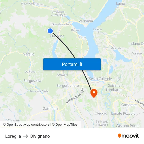 Loreglia to Divignano map