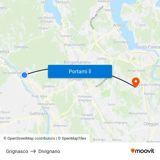 Grignasco to Divignano map