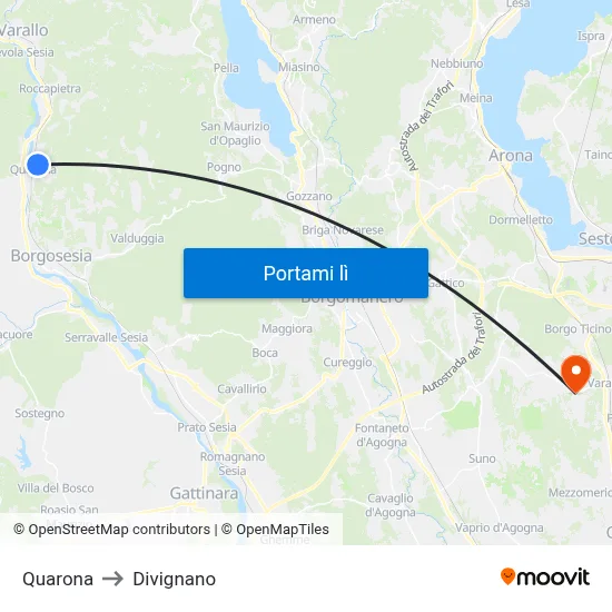 Quarona to Divignano map