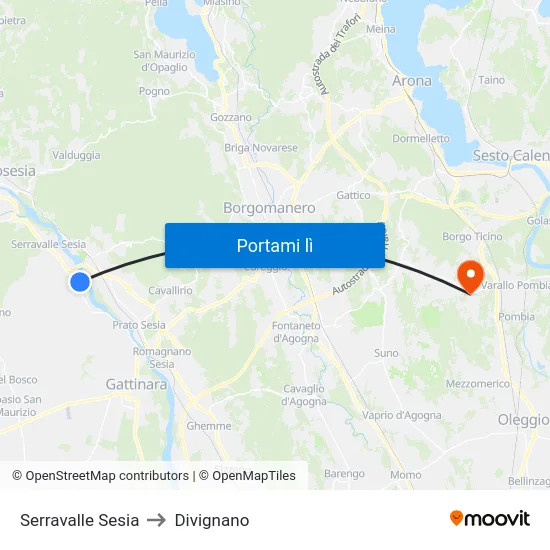 Serravalle Sesia to Divignano map
