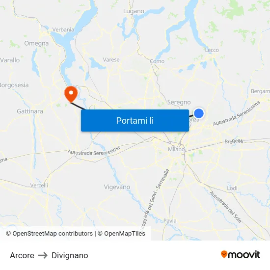 Arcore to Divignano map