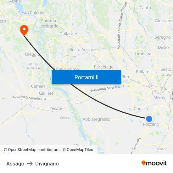 Assago to Divignano map