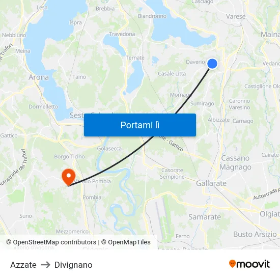 Azzate to Divignano map