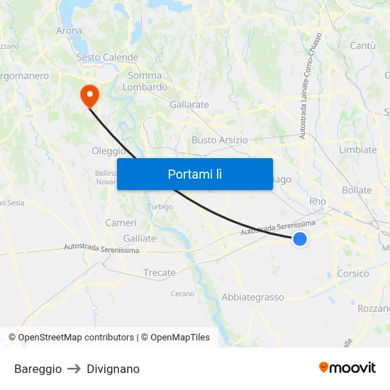 Bareggio to Divignano map