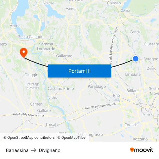 Barlassina to Divignano map
