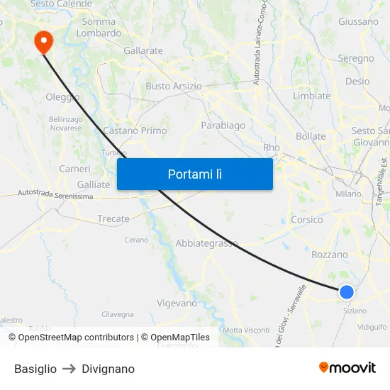 Basiglio to Divignano map
