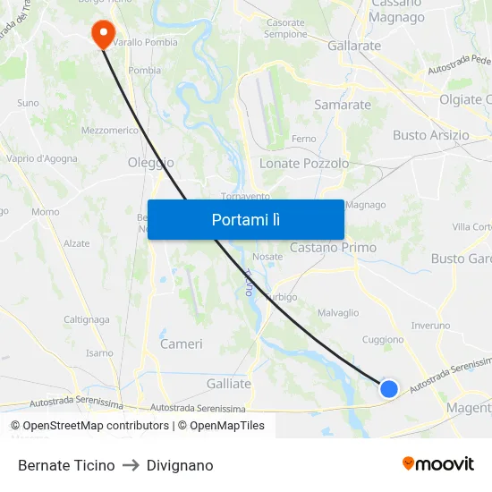 Bernate Ticino to Divignano map