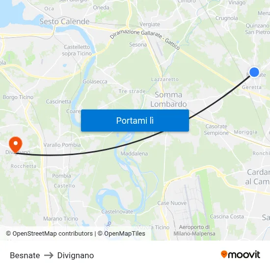 Besnate to Divignano map