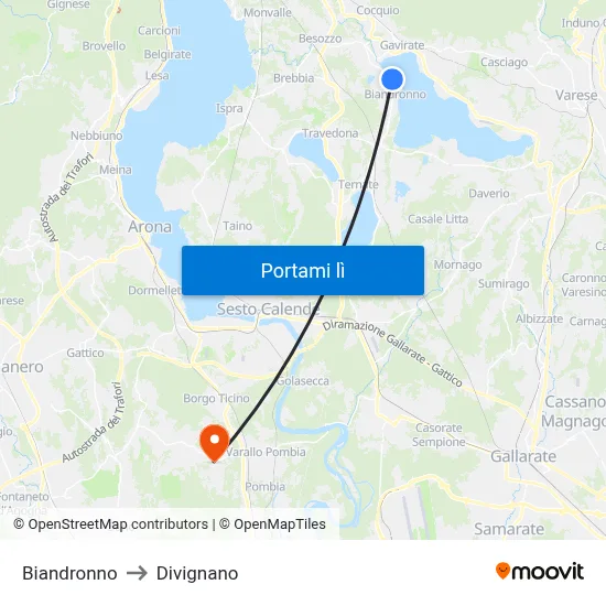 Biandronno to Divignano map