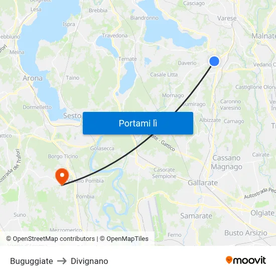 Buguggiate to Divignano map