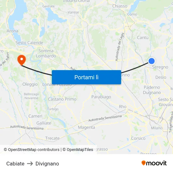 Cabiate to Divignano map