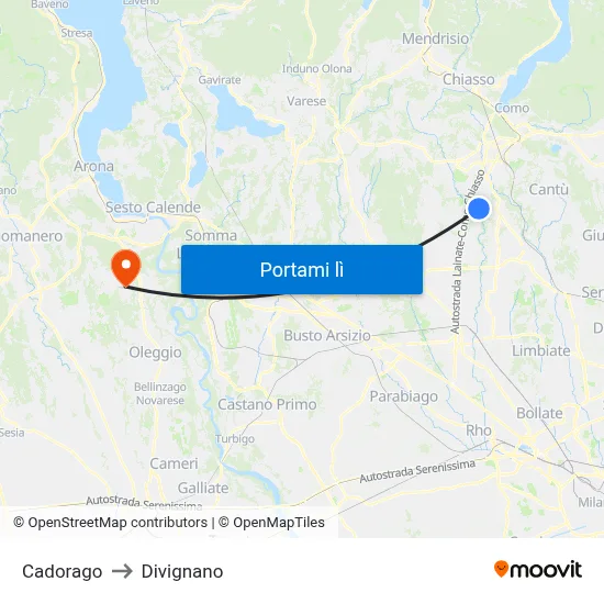 Cadorago to Divignano map