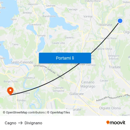 Cagno to Divignano map