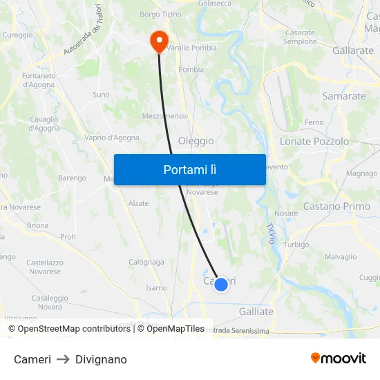 Cameri to Divignano map