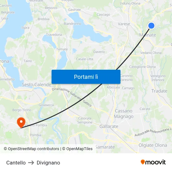Cantello to Divignano map