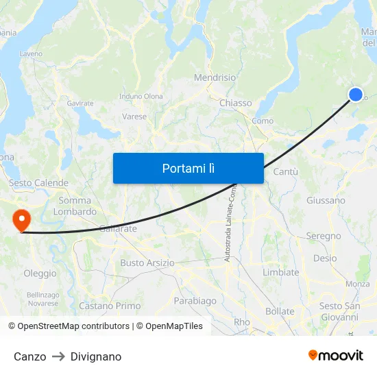 Canzo to Divignano map