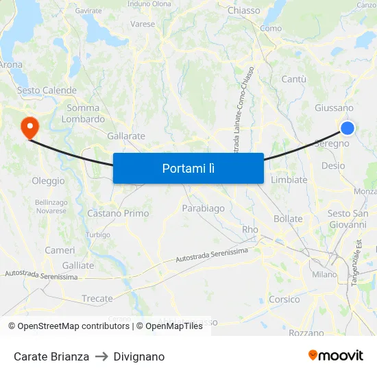 Carate Brianza to Divignano map